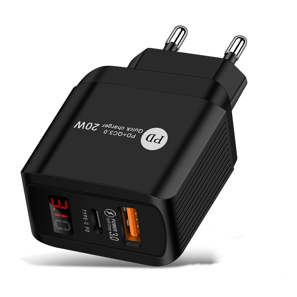 20W PD+QC Dual USB Quick Charger with Digital Display Power Adapter for Tablet Smartphone