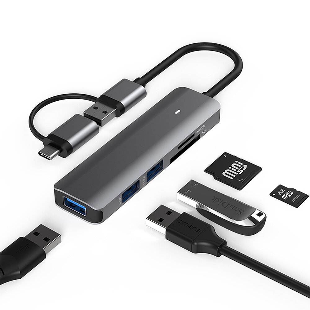 

H502 5 в 1 USB / Type-C Док-станция USB-C Адаптер-разветвитель концентратора с USB3.0 * 3 Слот для чтения карт SD / TF П