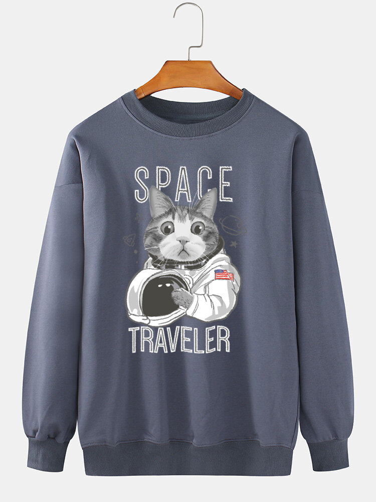 Mens Space Cat grafische print ronde hals dagelijkse pullover katoenen sweatshirt