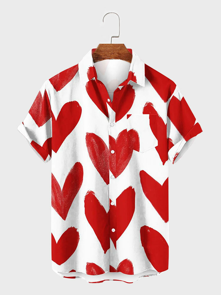 Mens Allover Heart Print Lapel Casual Short Sleeve Shirts