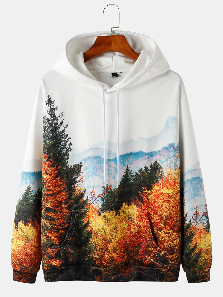 Heren hoodies met trekkoord en boslandschap met print en buidelzak