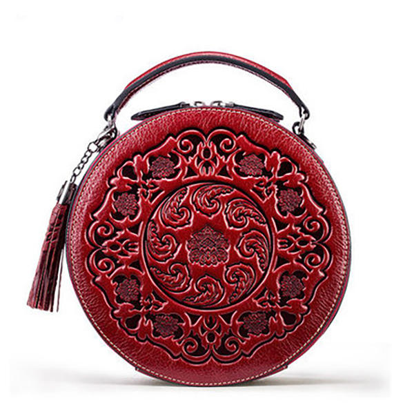 Women Genuine Leather Chinese Style Embossed Cylinder Handbag Shoulder Bag
