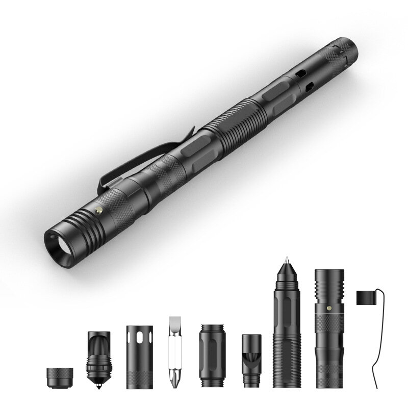 XANES® 6 In 1 Multifunctional Tactical Pen Aluminum Alloy Broken Window Cone EDC Tool Outdoor Survival Flashlight Whistle