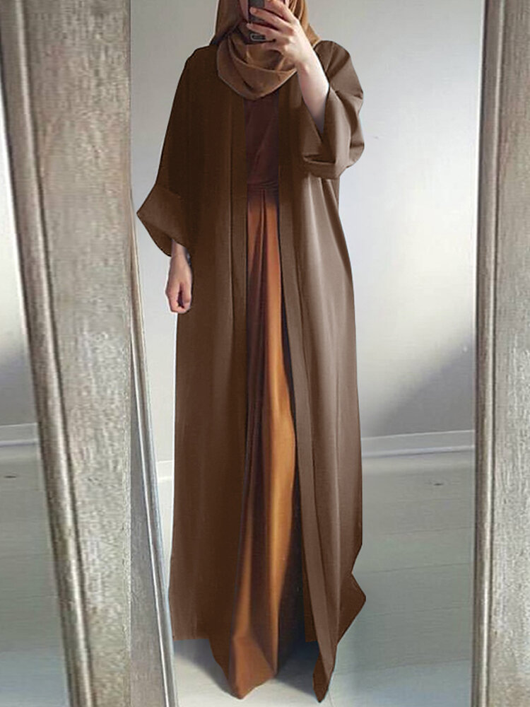 Women Vintage Solid Color Loose Casual Cardigan Abaya?Kaftan Long Sleeve Robe