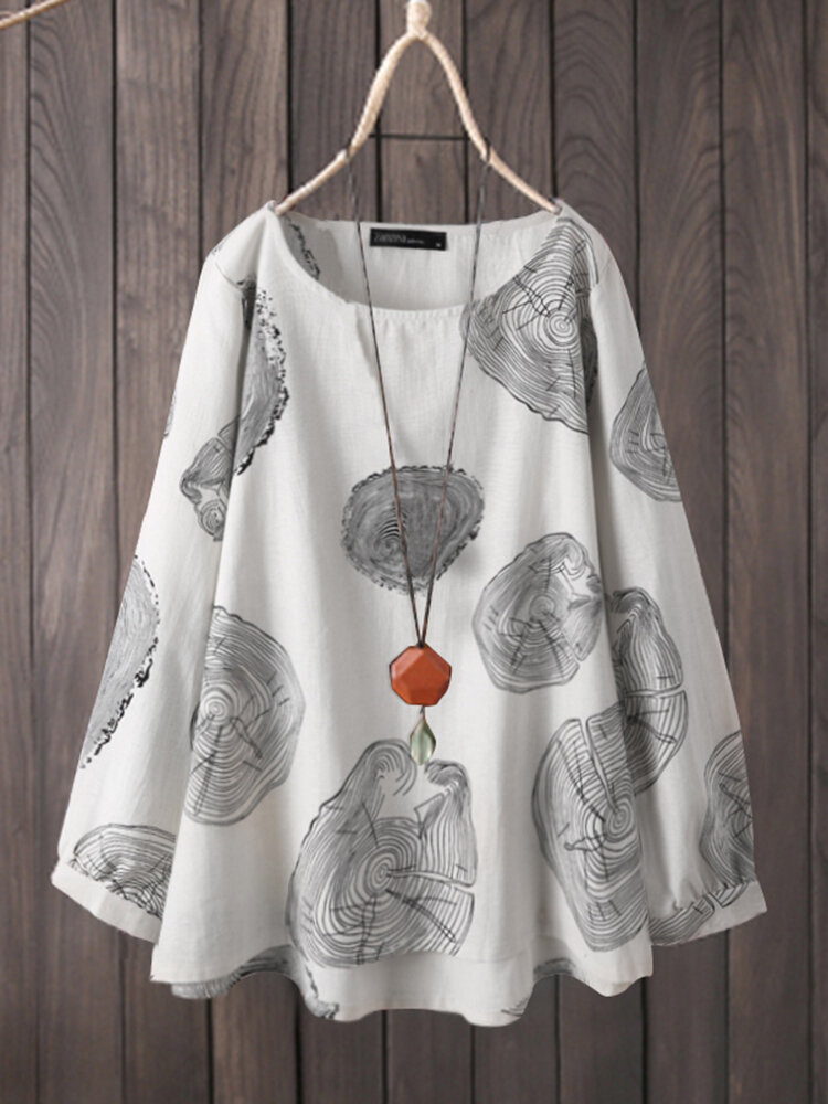 Women Cotton Tree Ring Print Crew Neck Long Sleeve Loose Casual Blouse
