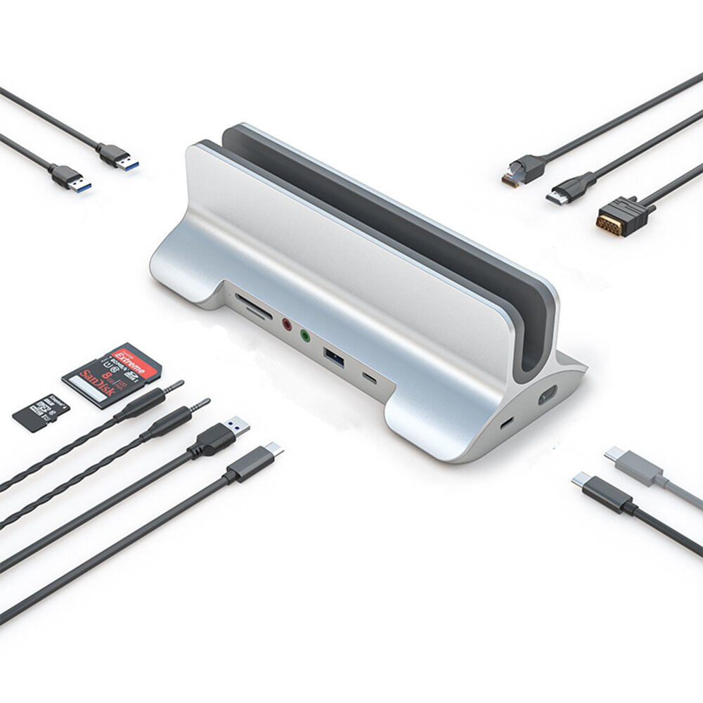 ACASIS verticale laptopstandaard met 12-in-1 USB-hub Dockingstation met USB 3.0/Type-C/VGA-poort/4K 