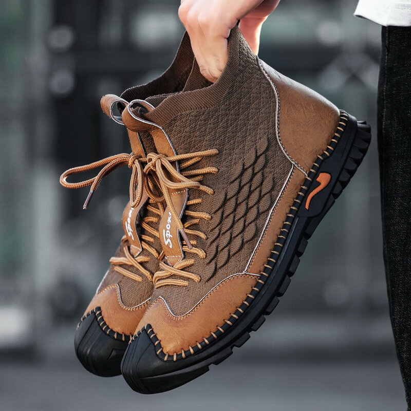 

Men Leather Hand Stitching Breathable Fabric Splicing Soft Sole Closed Toe Casual Roman Boots