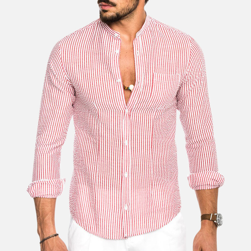 Mens Fashion Chest Pocket Striped Pattern Stand Collar Long Sleeve ...