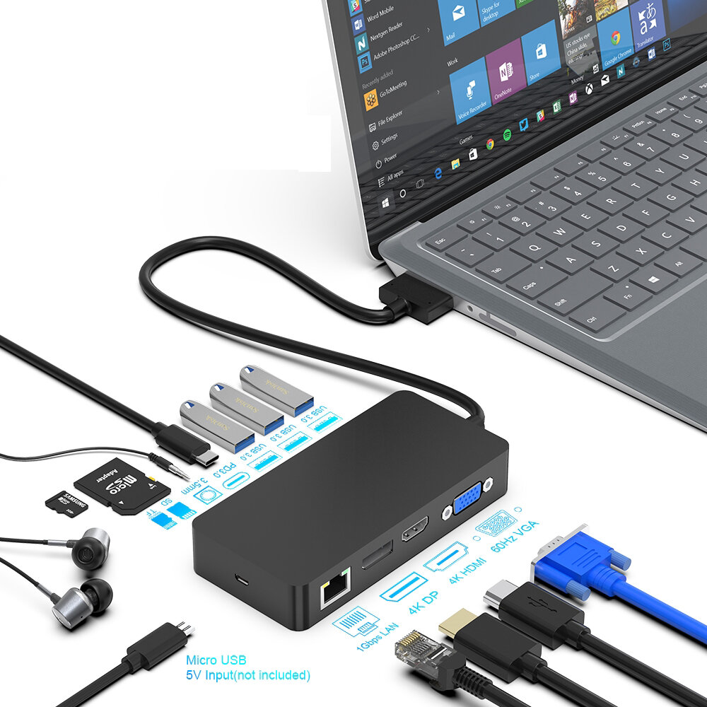 

Rocketek USB HUB Card Reader DP VGA 4K HDMI-compatible 3.5 Audio Gigabit Ethernet Adapter SD TF DocKing Station for Surf