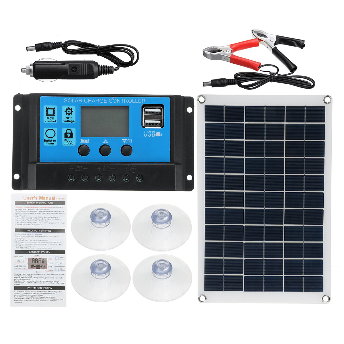 Kit de painel solar 100W 12V carregador de bateria 10-100A LCD Controlador para caravana e barco