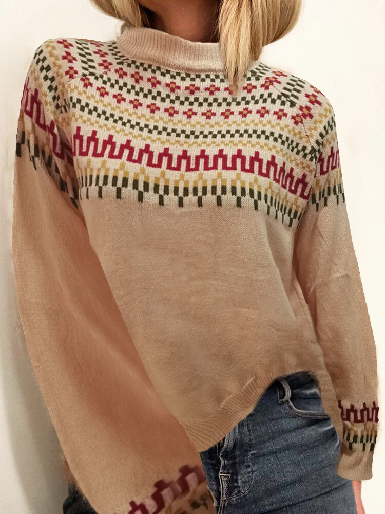 Women Vintage Jacquard Printed Half Collar Casual Pullover Knitted Sweater