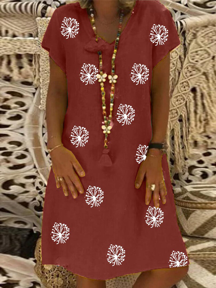 Women Vintage Floral Print V-Neck Casual Short Sleeve Loose Midi Dress