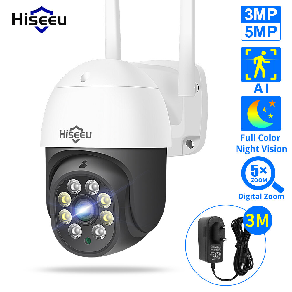 Hiseeu 3MP/5MP PTZ IP Camera Outdoor Security AI Human Detection H.265X Wireless WiFi CCTV Video Surveillance Cameras iCsee P2P