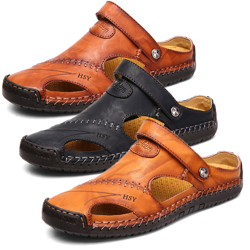 Zapatos de cuero para hombre Sandalias y zapatillas Playa Punta cerrada con costura a mano Soft Casual sin cordones