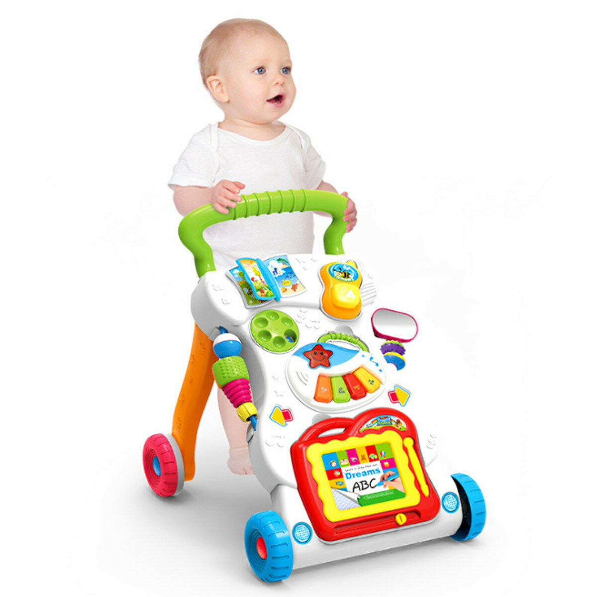 Multifunctional Baby Walker Infant Stand-to-Sit Toddler Four Wheels Learning Walking Toys Piano Draw