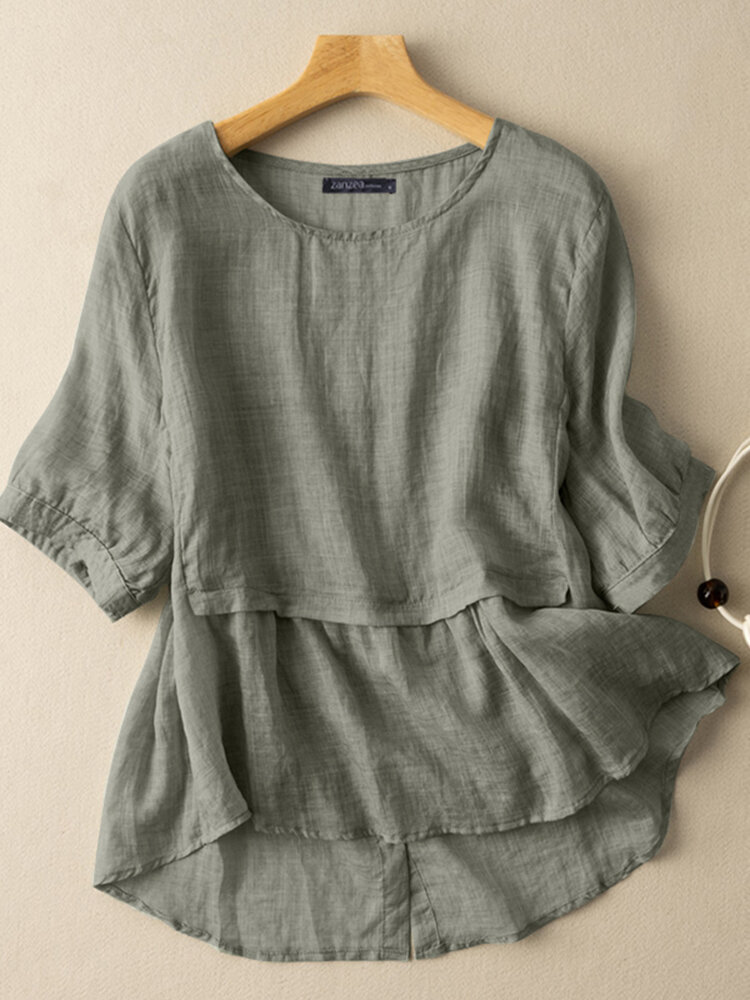 Solid Button Round Neck Casual Cotton Blouse