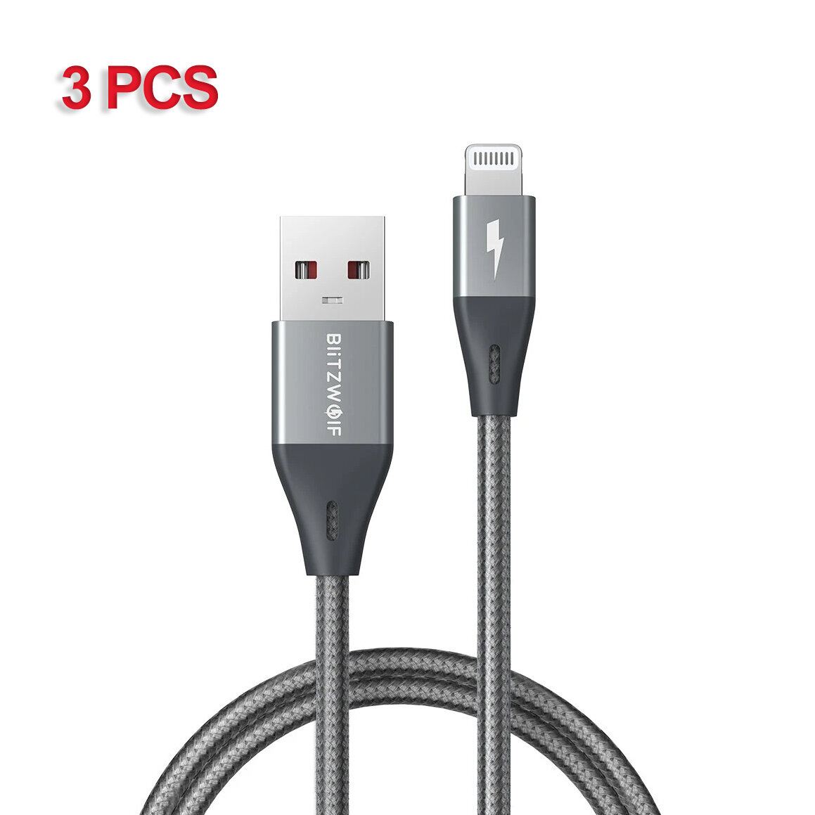[3PCS Grey] BlitzWolf BW-MF9 Pro 2.4A voor Lightning-naar-USB-kabel met MFi-gecertificeerd 0.9 m / 3