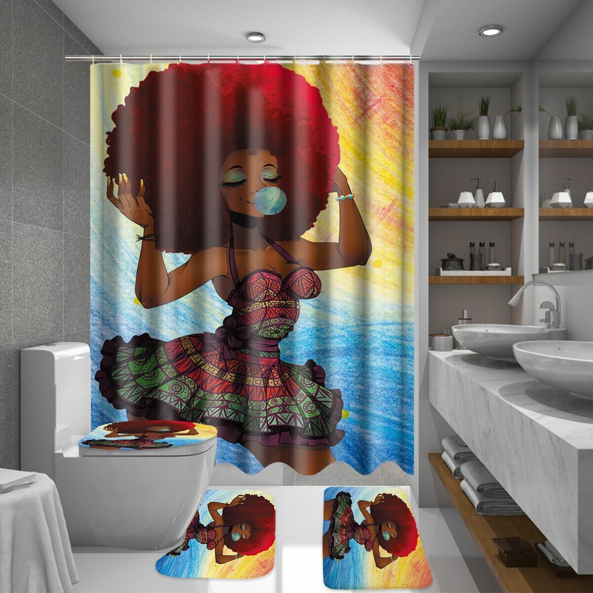 أزياء فتاة ضد للماء ستارة الحمام ستارة الحمام غطاء حصيرة البساط عدم الانزلاق مجموعة