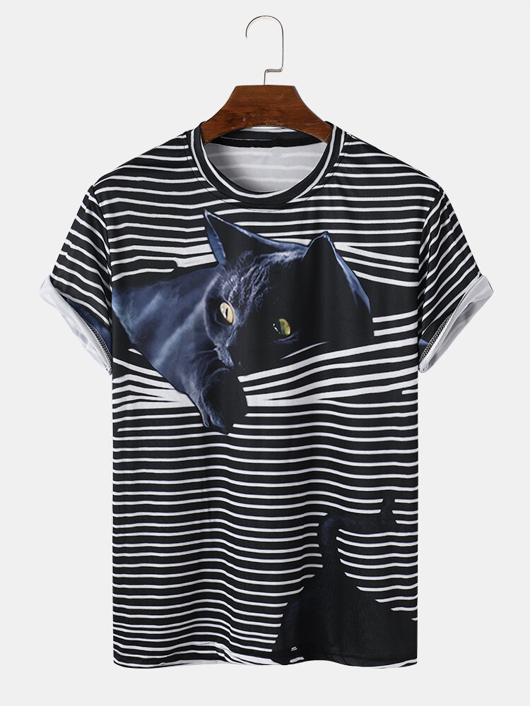 Heren 3D gestreepte kat afdrukken ronde hals casual korte mouw T-shirt