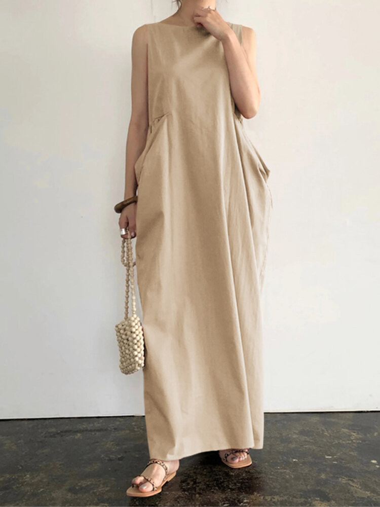Dames elegante effen kleur zijzakken ontwerp mouwloze casual maxi-jurk