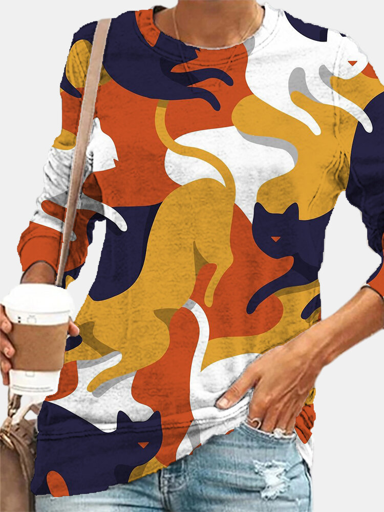 

Женщины Абстракция Colorful Кот Принт с длинным рукавом и круглым вырезом Plus Размер Повседневные блузки