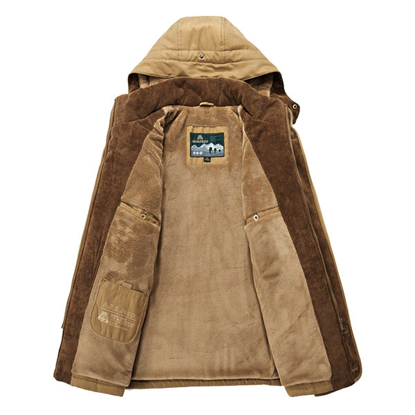 Men’s Thick Fleece Winter Coat Hooded Outdoor Solid Color Jacket