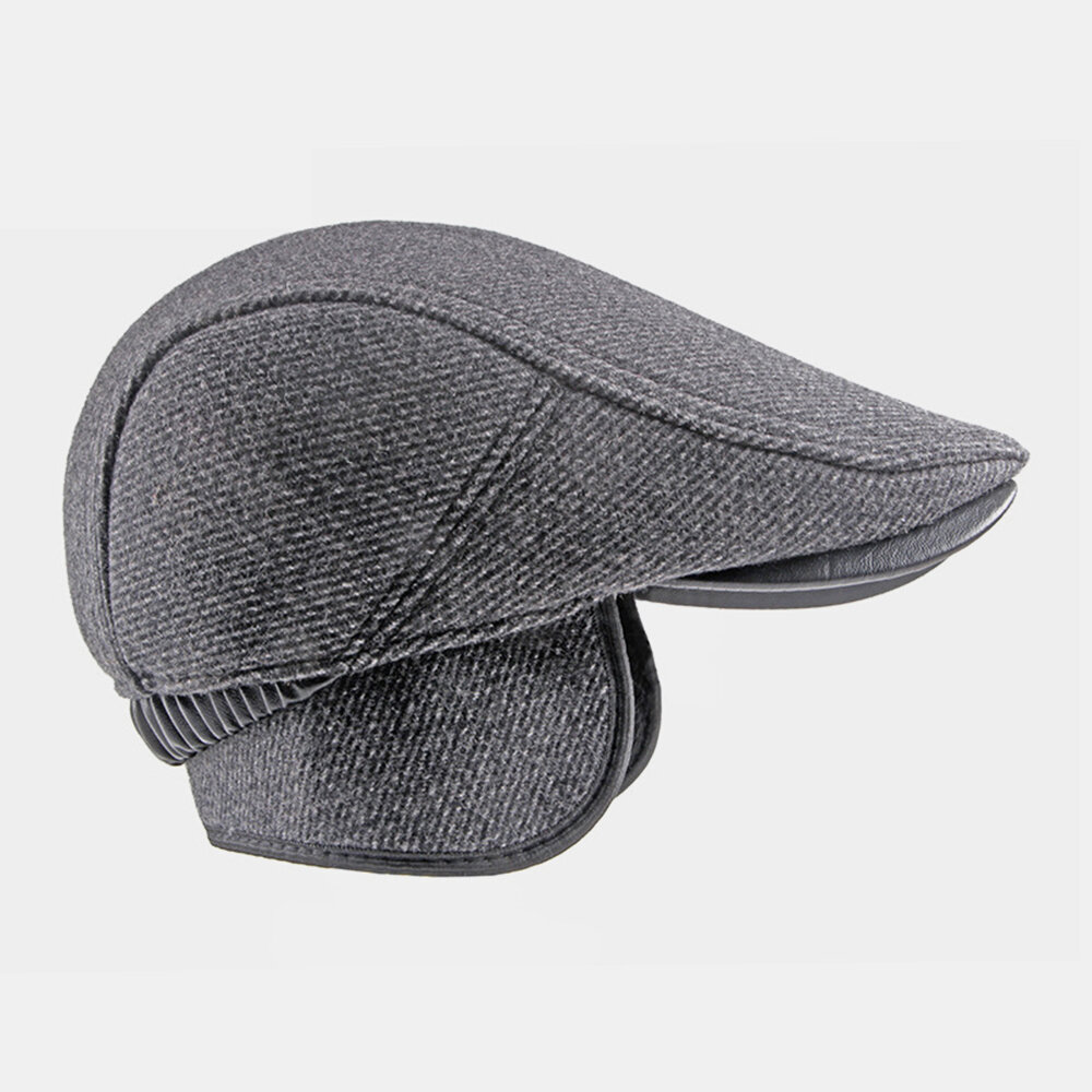 

Men Felt Ear Protection Winter Outdoor Solid Color Warm Universal Plus Thicken Beret Hat Forward Hat