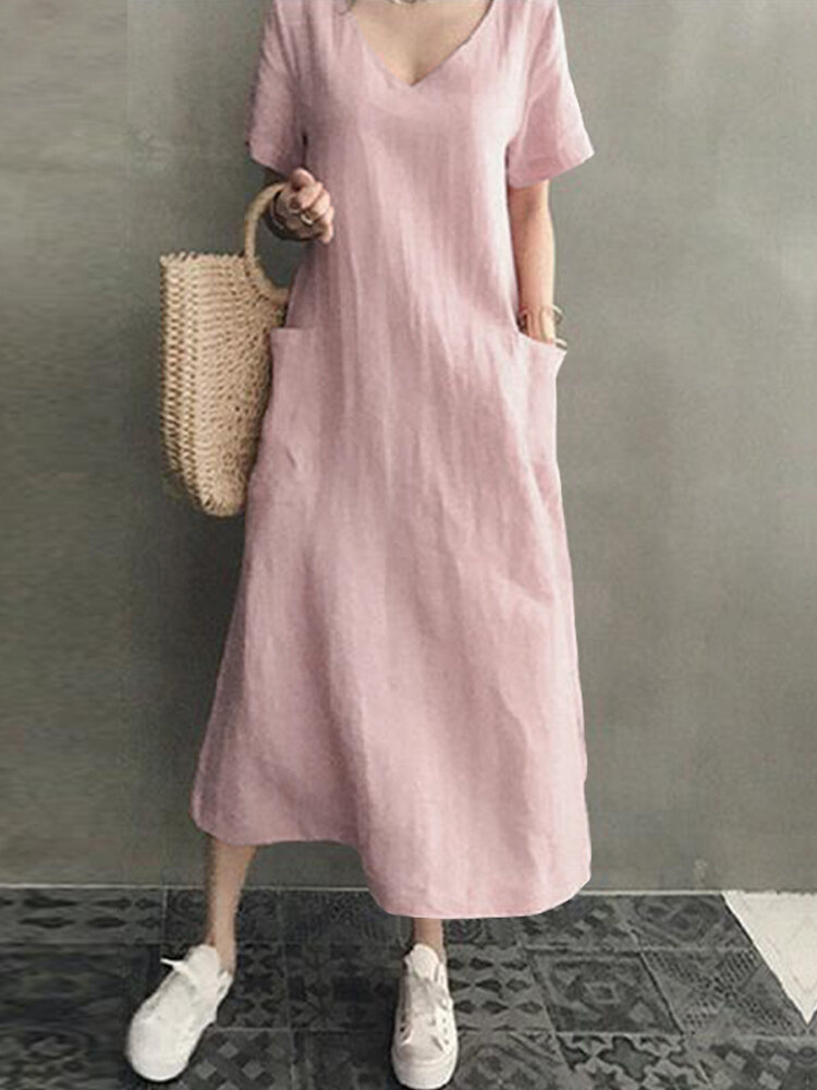 100 Cotton Short Sleeve V neck Side Pocket Solid Dress