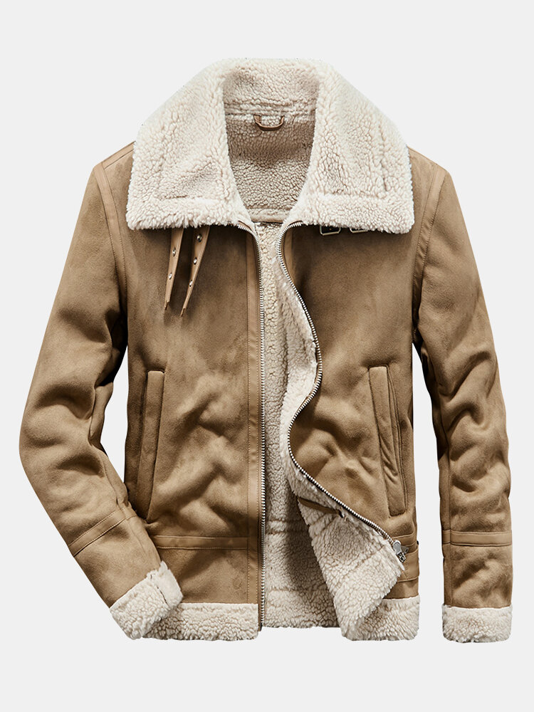 

Mens Windproof Lapel Design Warm Lined Long Sleeve Suede Vintage Jacket