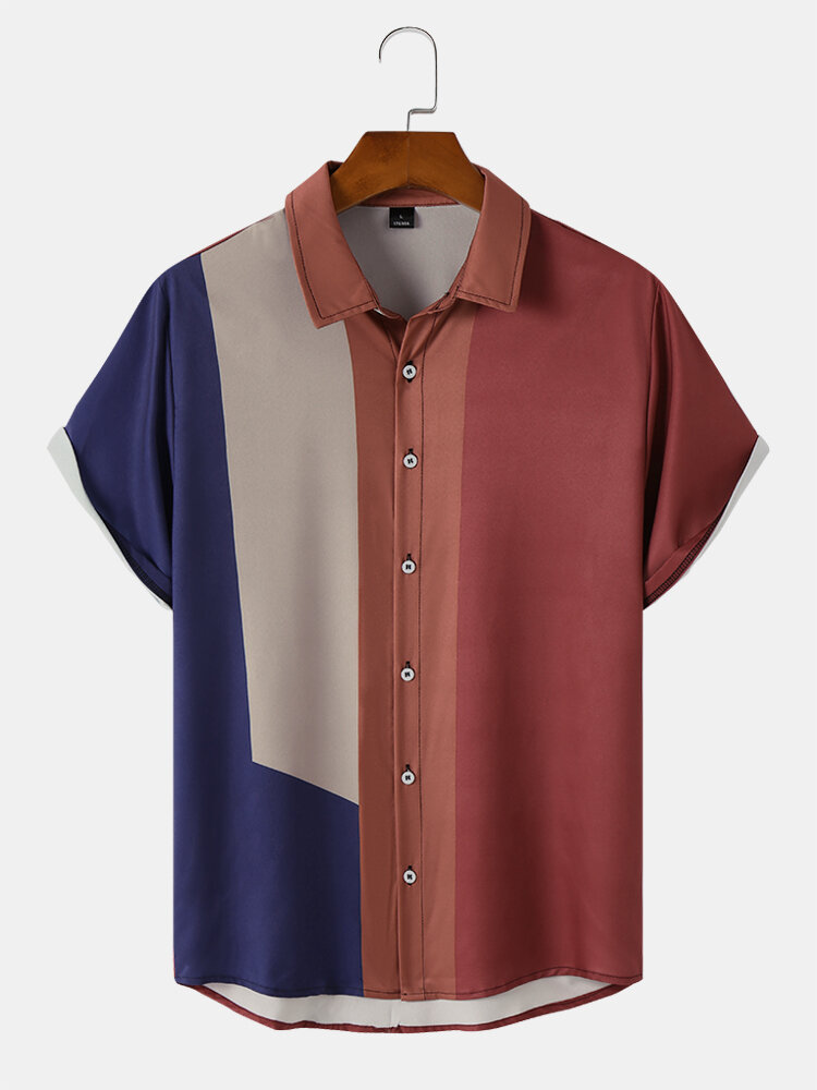 Mens Color Block Stitching Front Buttons Short Sleeve Shirts