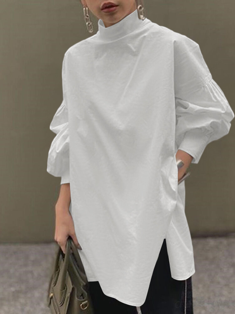Solid Casual Turtleneck Button Puff Sleeves High Low Hem Blouse