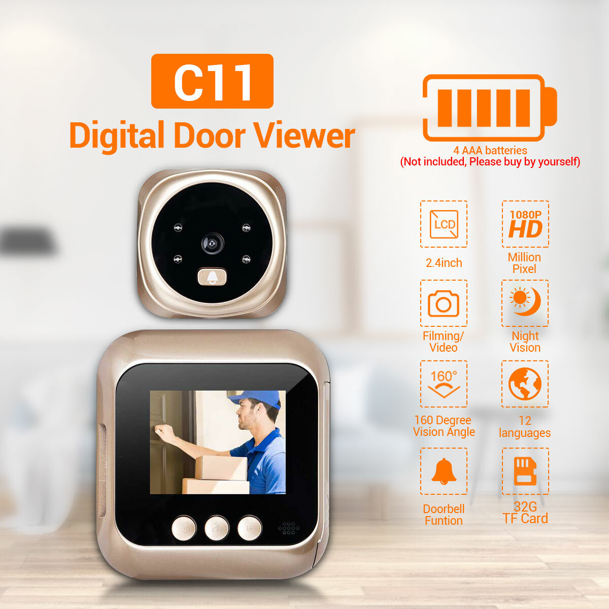 

C11 HD 1080P 2.4" LCD Screen Cat's Eye Camera Doorbell with 4PCS LED Night Vision Function