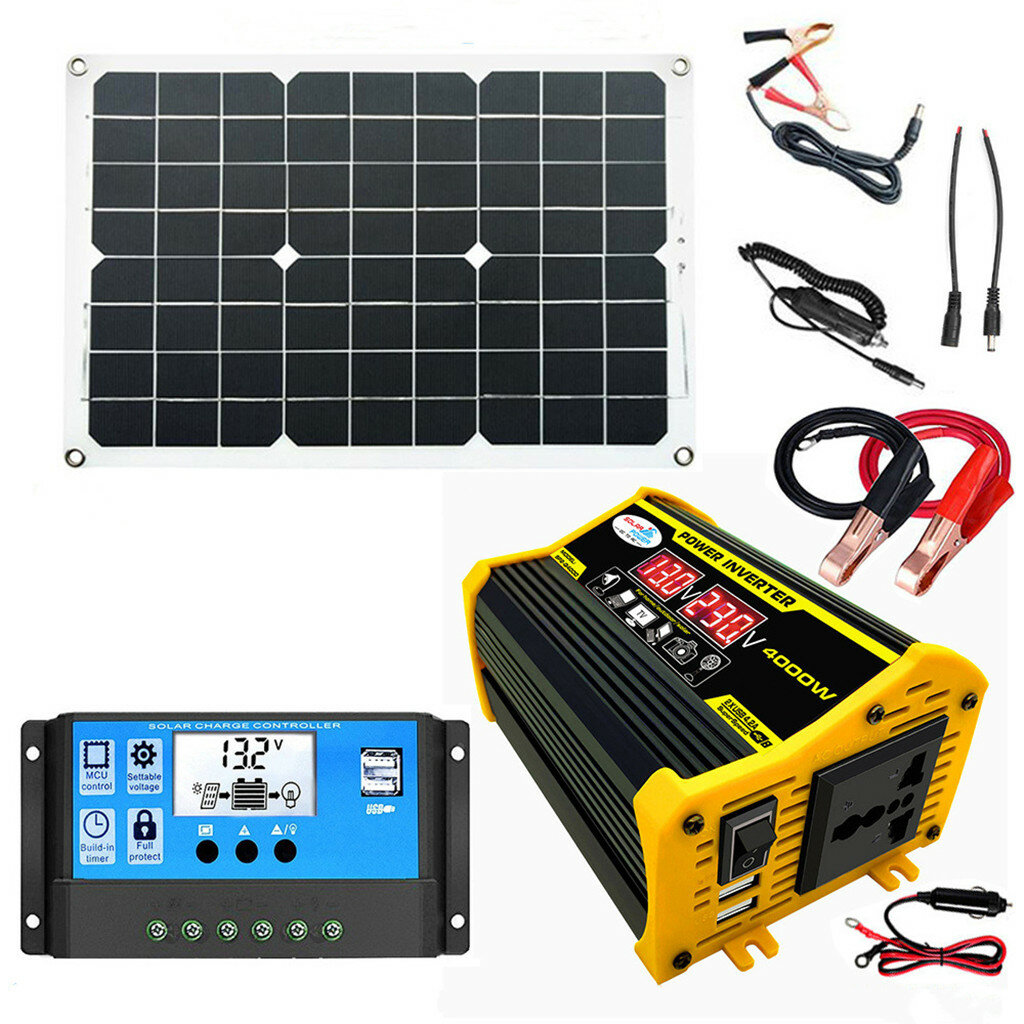 Painel solar 18W 12V Sistema de energia solar portátil Inversor de energia de 4000W com 2 portas USB Controlador de carga solar de 30A Visor de LED