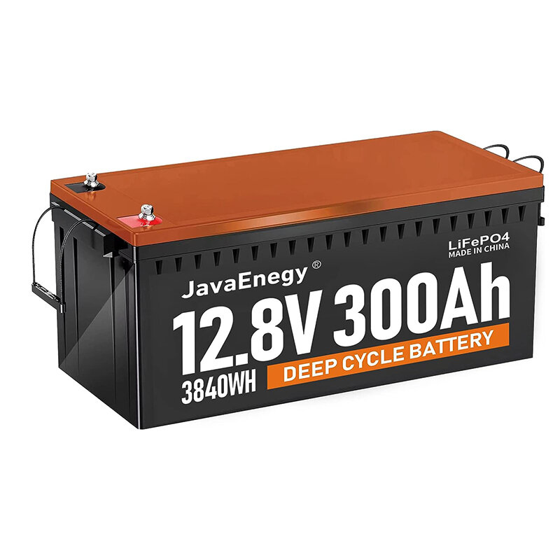 [US ישיר] סוללת LiFePO4 של JavaEnegy במתח 12V 300Ah ובקיבולת 3840Wh עם BMS מובנה של 200A ויותר מ-4000 מחזורי סוללה עמוקה המתאימה באופן מושלם למערכת איחסון רוח סולארית ורוח סולארית, לרכבי מחניות וסירות החוצות מסגרת הלשכה הליטיאום סוללה