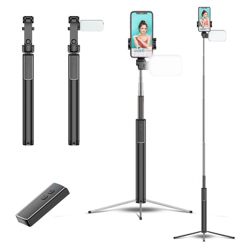Bakeey 360 graden roterende mini telescopische Bluetooth Smart Timer Selfie Stick met LED-vullicht