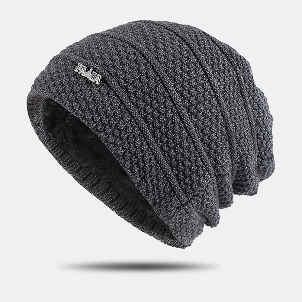 Men Solid Color Striped Knitted Hat Plus Velvet Thicken Outdoor Warmth Brimless Beanie Hat