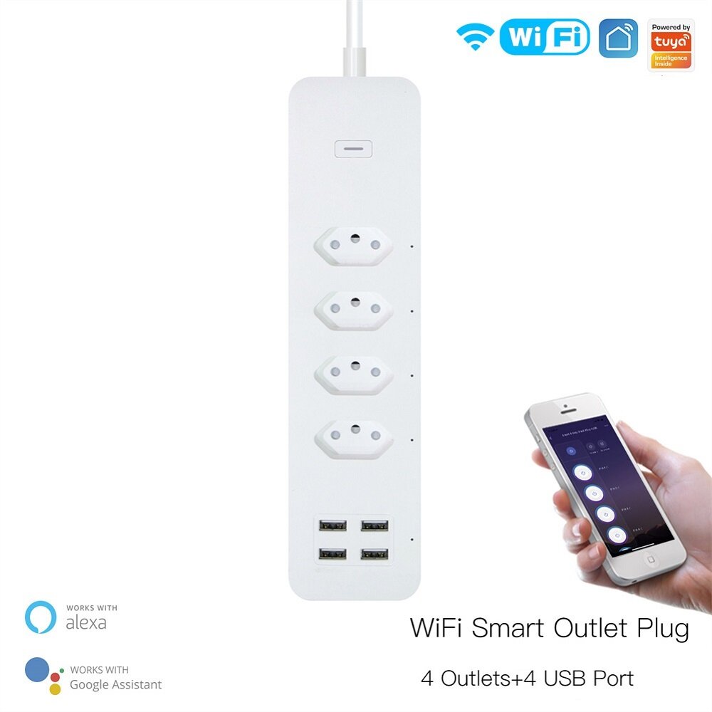 110-240V Tuya Smart Wifi Brazil Standard Socket 4 Outlets + 4 USB Charging Port App Remote Control W