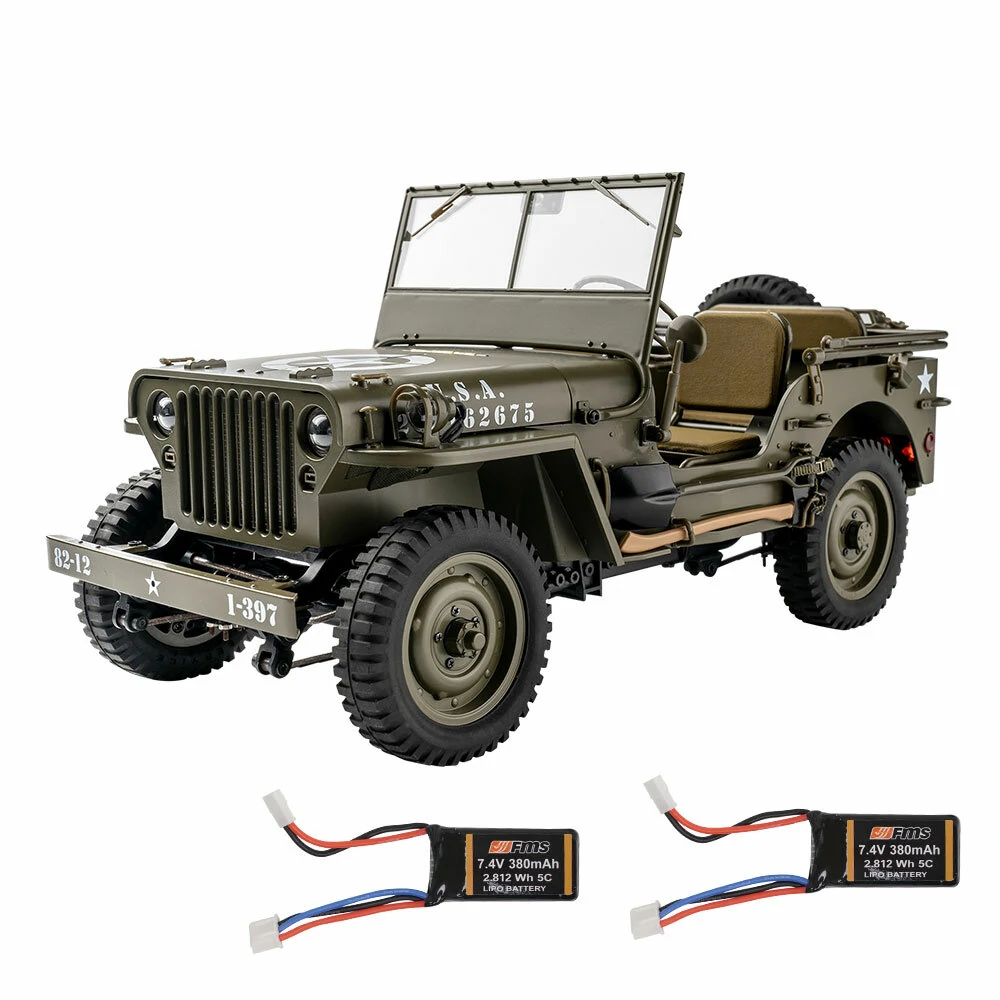 Eachine Rochobby 1941 Willys MB 1/12 RC Car with Two Batteries RC Off-Road Crawler RTR RC Army Truck with LED Lights 2-Speed Gearshift and Remote Control - Army Green