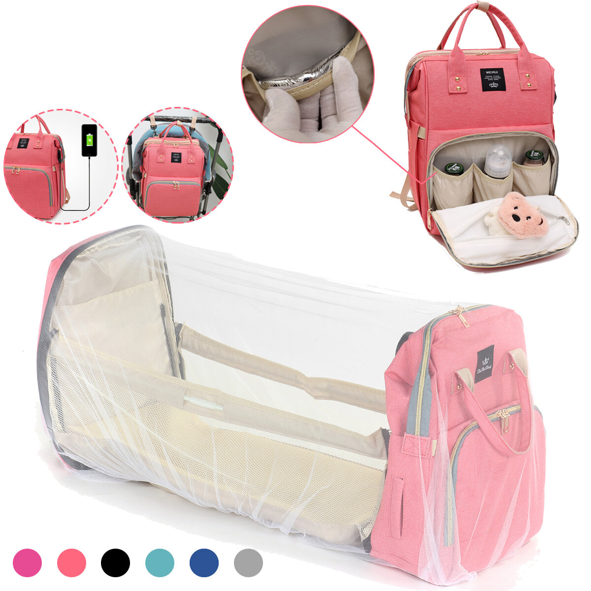 Mochila multifuncional para fraldas de múmia para bebê fralda cama dobrável e berço Bolsa Mochilas de carregamento USB para viagens de acampamento ao ar livre