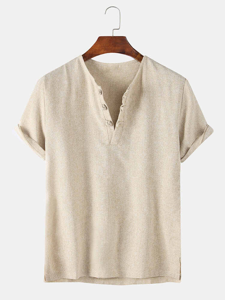 Mens Cotton Solid Henley Collar Short Sleeve Shirts