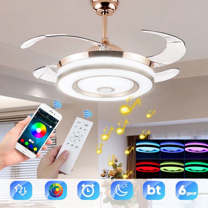 

36W 110-220V 42”6 Speeds Smart bluetooth Music Dimmable Ceiling Fan Light LED Retractable Leaves Intelligent APP/Remote