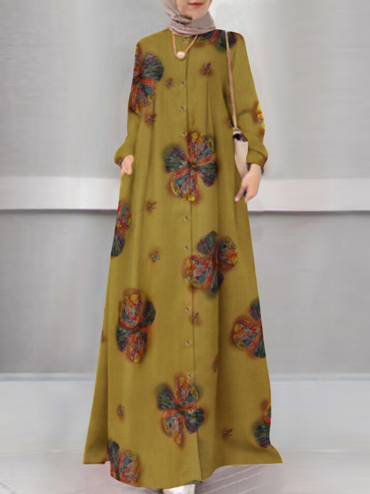 Women Floral Print Holiday A-Line Button Up Long Sleeve Muslim?Dress?Abaya?Kaftan With Pocket