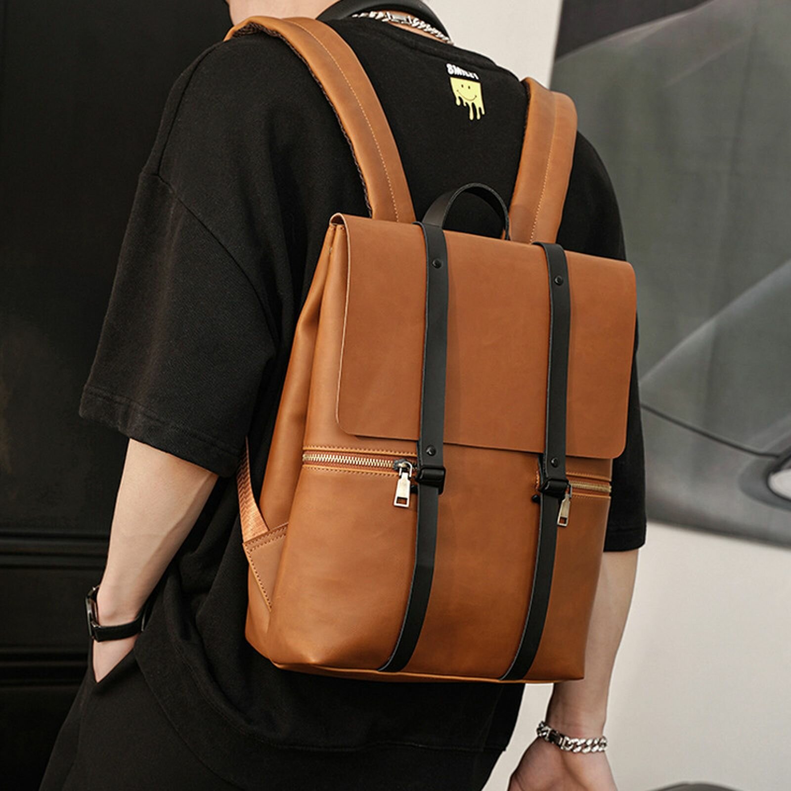 Menico Men Faux Leather Vintage Large Capacity Backpack Waterproof Durable Backpack
