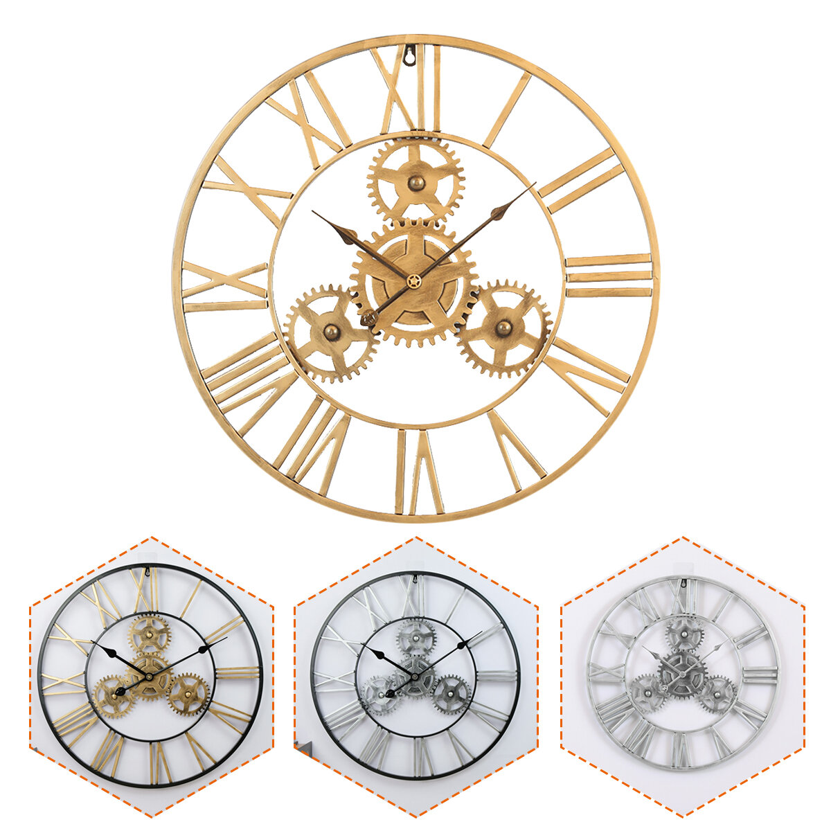 

60CM Large Vintage Gear Art Wall Clock Big Roman Numeral Giant Round Open Face