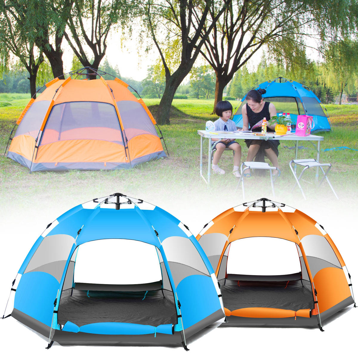 Tenda da campeggio automatica per 3-4 persone, impermeabile, a doppio strato, protezione UV sulla spiaggia.