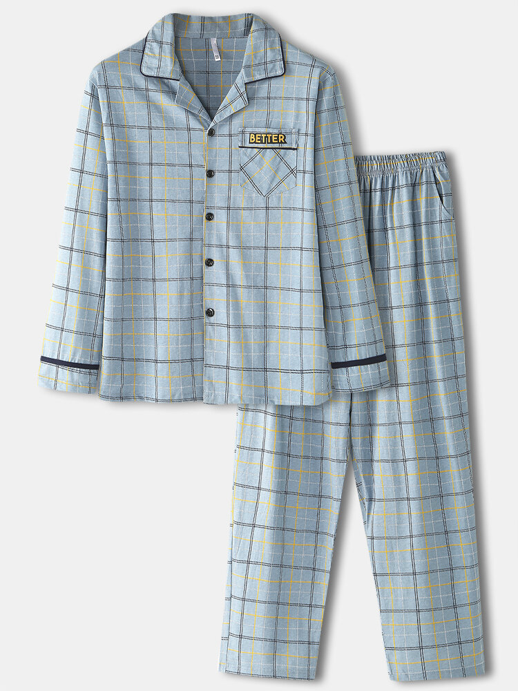 Katoenen comfortabele pyjama-sets voor heren met letterprint, revere-kraag en zak