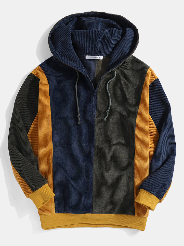 Heren retro colorblock stiksels corduroy trekkoord pullover hoodies