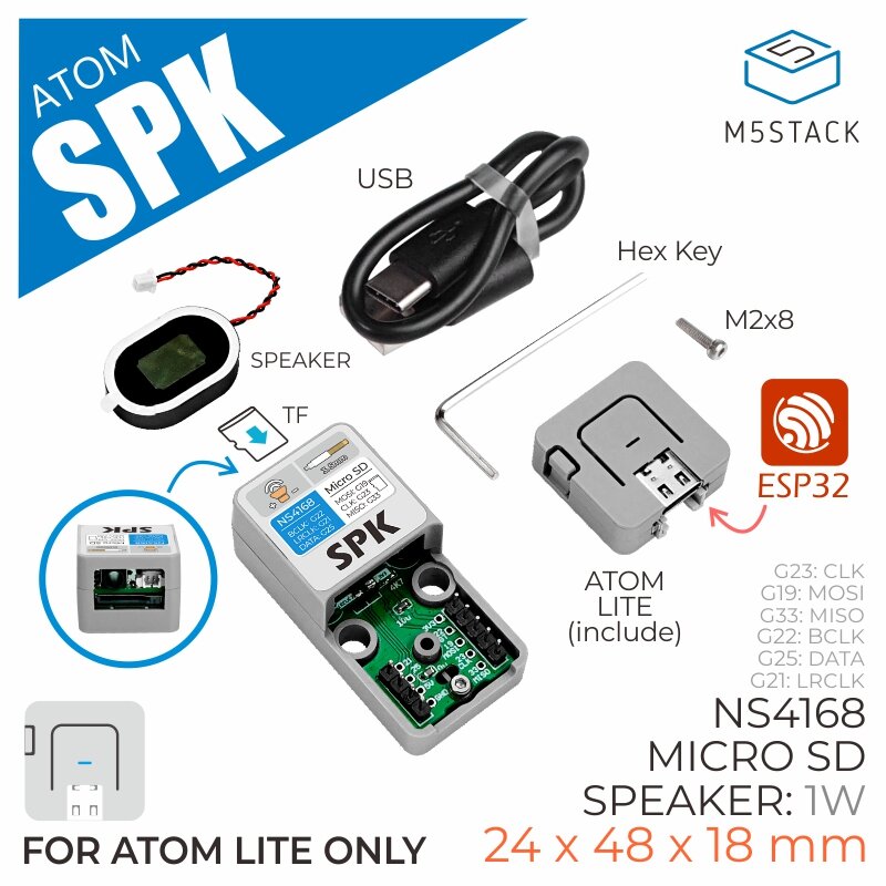 

M5Stack® ATOM Speaker Kit Power Amplifier Chip NS4168 Audio Player Bluetooth Audio WiFi Speaker