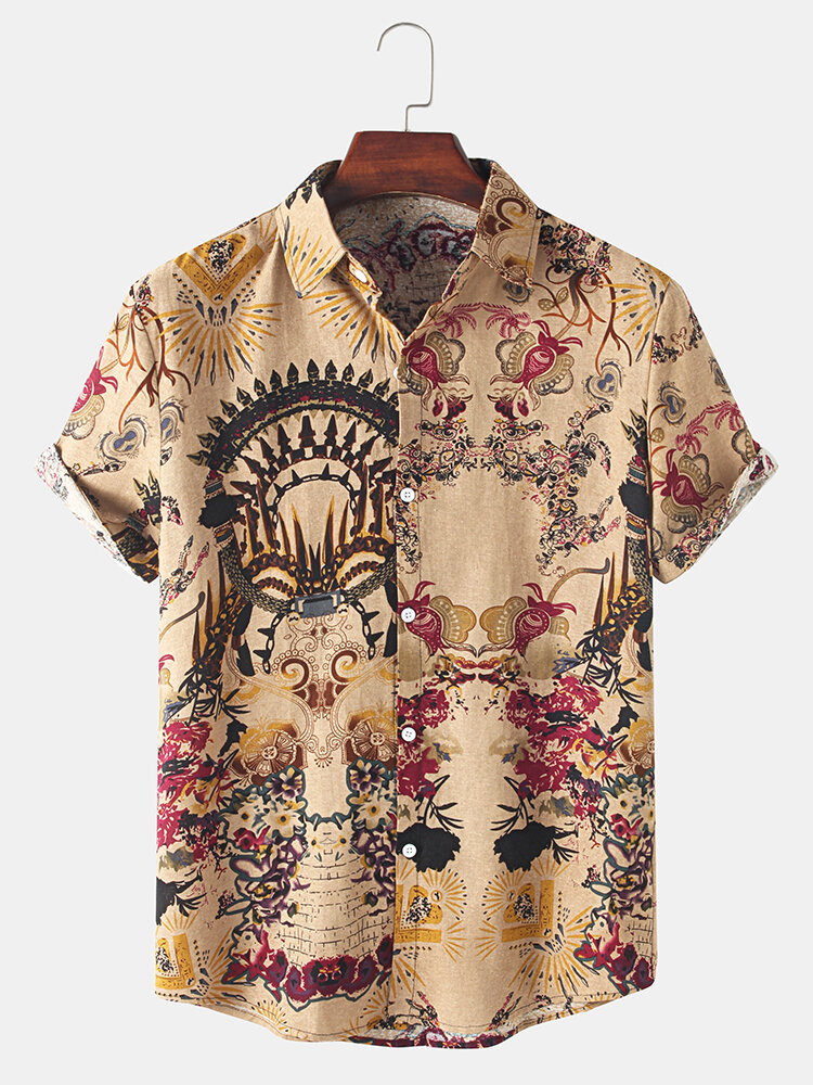 Heren Nationale Stijl Bloemenprint Vintage Revers Korte Mouw Shirt