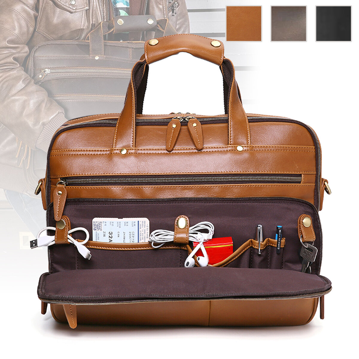 E Ekphero Men PU Leather Multifunction Large Capacity Vintage 14 Inch Laptop Bag Multi-Layers Briefcase Handbag Crossbod